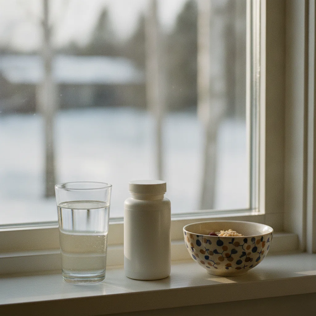 Lasi vettä ja pullo aamukahvin vieressä vaalealla keittiöpöydällä - aamuinen rutiini